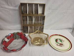 lot 140 image: Holiday Decor Set with SANTA Cookie Plate, Silver Plate, Gold Wire Basket & Tree Place Card Holders