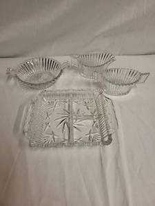 lot 143 image: Heisey Crystal Ridgeleigh Handled Jelly Bowl and Assorted Clear Glass Serving Dishes with Handles 4 Pieces Total