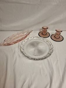 lot 144 image: Vintage Heisey Pland and Pink Glass Serving Collection with Plates and Candlesticks