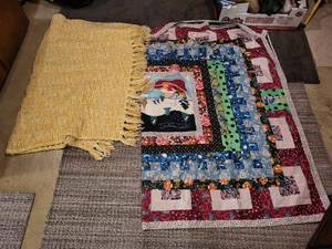 lot 205 image: Colorful Handmade Quilt and Yellow Knitted Throw Blanket