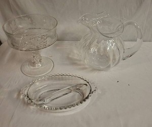 lot 233 image: Vintage Glassware Collection Pitcher, Divided Platter, Compote Dish
