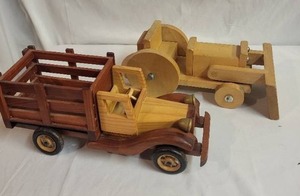 lot 236 image: Set of 2 Handmade Wooden Toy Vehicles - Truck and Bulldozer