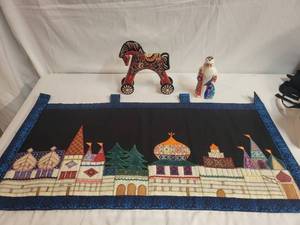 lot 237 image: Russian Folk Art Collection Wooden Horse, Santa Figurine, and Tapestry