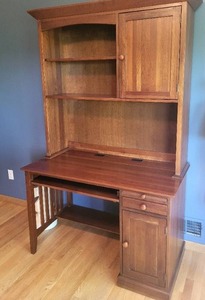 Beautiful Ethan Allen Solid Wood Desk with Hutch, Cabinetry and Coin Bank in Autumn Cherry