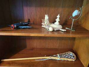 lot 65 image: Collection of Model Plane, Wooden Sled Decoration, and Vintage Lacrosse Stick