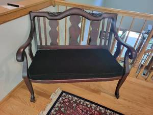 lot 80 image: Antique Wooden Bench with Black Cushion and Floral Embroidery