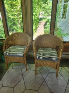 lot 96 image: Pair of Wicker Armchairs with Striped Cushions