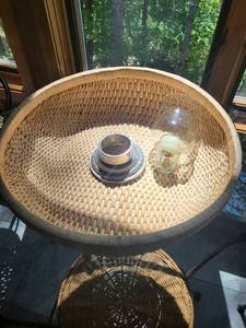 lot 97 image: Large Woven Basket and Glass Candle Holder Set