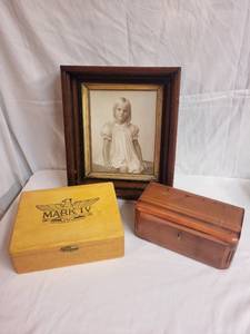 lot 256 image: Vintage Framed Portrait and Wooden Box Set