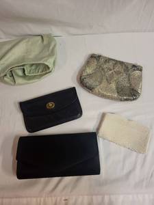 lot 264 image: Collection of 4 Womens Clutches - Black Leather, Beaded, and Silver Sequin