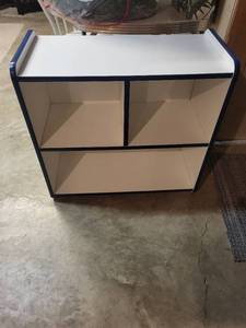 lot 270 image: Blue and White Three-Tier Wooden Storage Shelf