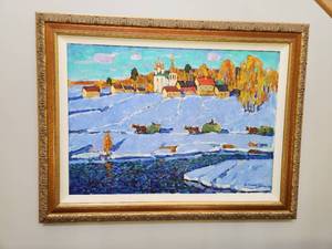 lot 2 image: Original 1993 In March, Hay Carrying Painting by Nikolai Mokrov Oil Painting with Ornate Frame
