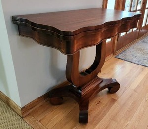 lot 3 image: Gorgeous Antique Mahogany Flip Top Parlor Card Game Table with Lyre Base and Scalloped Edge