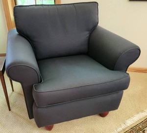 lot 18 image: Asko Navy Blue Upholstered Armchair (Matches couch in Lot 17)