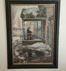 lot 20 image: Framed Vintage Original Rassypnov Painting Titled News Oil on Canvas - 1978-1979