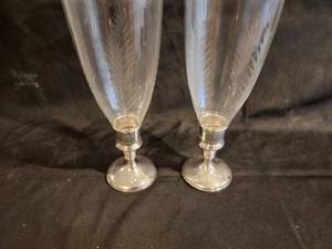 lot 30 image: Pair of Antique Hamilton Sterling Silver and Glass Hurricane Candle Holders