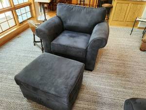 lot 37 image: Alexvale Custom Blue Upholstered Armchair with Matching Ottoman