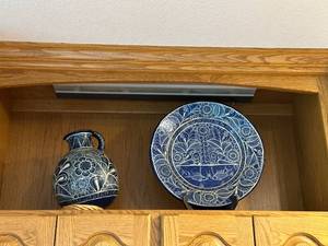 lot 48 image: Hand-Painted Blue Ceramic Pitcher & Plate Set