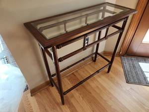 lot 54 image: Elegant Wood and Glass Sofa Table
