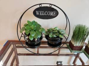 lot 56 image: Decorative Indoor Welcome Sign Plant Holder with Real Plants and Two Faux Grass Planters