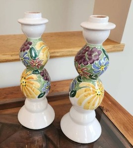 lot 58 image: Set of 2 Floral Signed Hand-Painted Ceramic Candlestick Holders