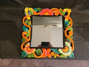 lot 153 image: Colorful Handcrafted Wooden Mirror with Floral and Bird Design