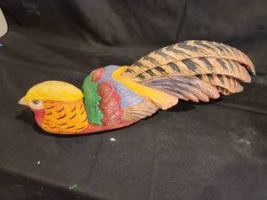lot 155 image: Hand-Carved Signed Decorative Wooden Bird Figurine with Colorful Feathers