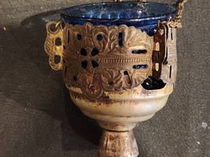 lot 156 image: Antique Orthodox Hanging Brass Lampada (Church Lamp) with Blue Glass Insert