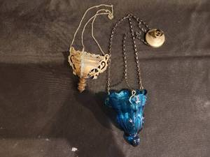 lot 158 image: Antique Orthodox Hanging Brass Lampada (Church Lamp) with Blue Glass Insert