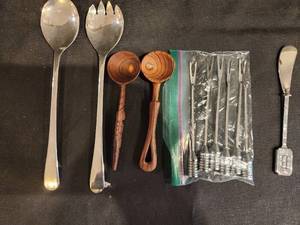 lot 165 image: Assorted Vintage Kitchen Utensils Including Salad Servers, Wooden Spoons, and Fondue Forks