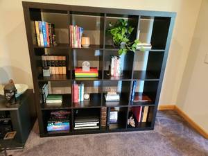 lot 284 image: Large Black Wooden 16-Cube Bookshelf - Contents Not Included