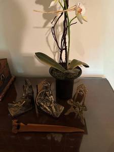 lot 310 image: Set of Decorative Bronze Bookends, Brass Easel and Wooden Letter Opener with Decorative Plant