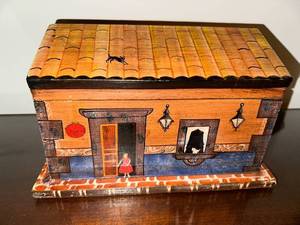 lot 311 image: Handcrafted Wooden Toy Chest with Painted House Design