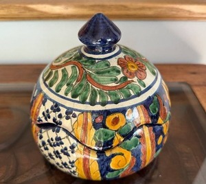lot 321 image: Colorful Talavera Ceramic Lidded Jar with Floral Design