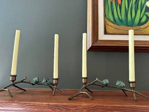 lot 322 image: Pair of Rustic Bird Branch Metal Candle Holders with Candles