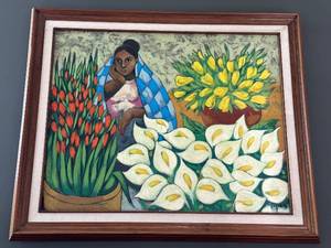 lot 323 image: Framed 1996 Roque Signed Painting of Woman with Flowers