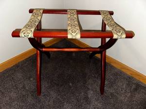 lot 184 image: Wooden Luggage Rack with Floral Fabric Straps