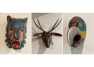 lot 330 image: Set of 3 Hand Carved Antique Wooden Animal Masks from Mexico - Wolf, Antelop, and Bird and Mascaras Book