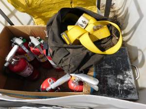 lot 32 image: Misc. Lot of Fire Extinguishers, Safety Harness and Black & Decker 38 Corded Drill