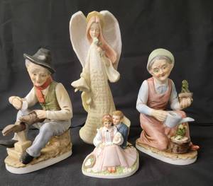 lot 14 image: Vintage Figurines.  Shoe Shine Statue, Flowers To Tender Bloom, Old Woman Gardener, 2004 Enesco Karen Hahn Foundation Angel Statue