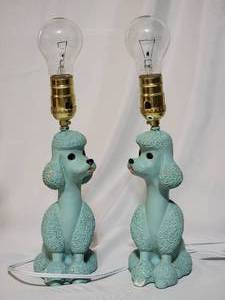Vintage Mid Century Modern Pair 1956 Flair Poodle Lamps Blue 8 1/2" Tall  - Working  (Blue is Rare - some wear around neck of poodle)