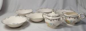 lot 19 image: Vintage Crown Potteries made in USA between 1902-1962.  5 Saucers, Tea and Creamer, Platter