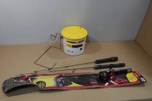 lot 126 image: Frabill Minnow Bucket, Ice Fishing Rods and Holder