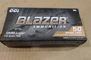 lot 192 image: 50 CCI Blazer Brass 9mm 115 Gr FMJ Ammo
