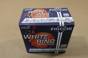 lot 210 image: 25 Fiocchi White Rino 12 Gauge 2-34 8 Shot Shotshells