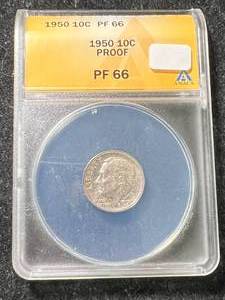 lot 19 image: 1950 PROOF US ROOSEVELT DIME ANACS PF66