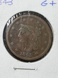 lot 21 image: 1843 US BRAIDED HAIR LARGE CENT