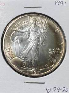 lot 23 image: 1991 AMERICAN SILVER EAGLE 1 TROY OZ .999 FINE SILVER