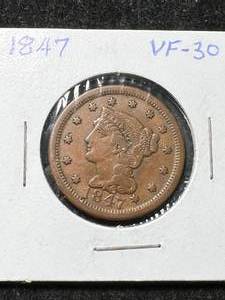 lot 36 image: 1847 US BRAIDED HAIR LARGE CENT VF30