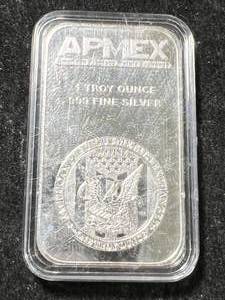lot 38 image: 1 TROY OZ .999 FINE SILVER APMEX BAR IN AIRTITE